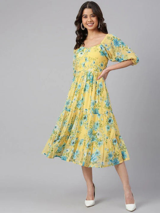 Women Yellow Georgette Floral Print Flared Western Dress